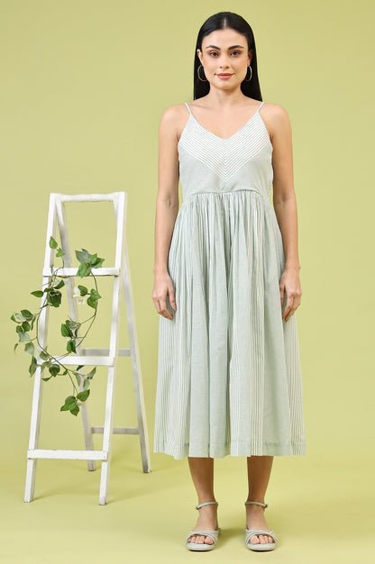 White and Green Geometric Printed Flared Spaghetti Dress and Gilet Set - Image 1
